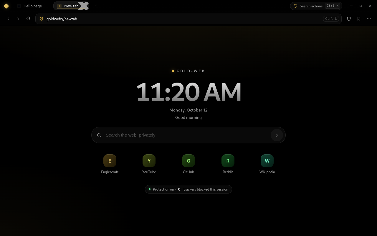 The Gold-Web window: title bar, tab strip, address bar and a new tab page, all in black and gold.